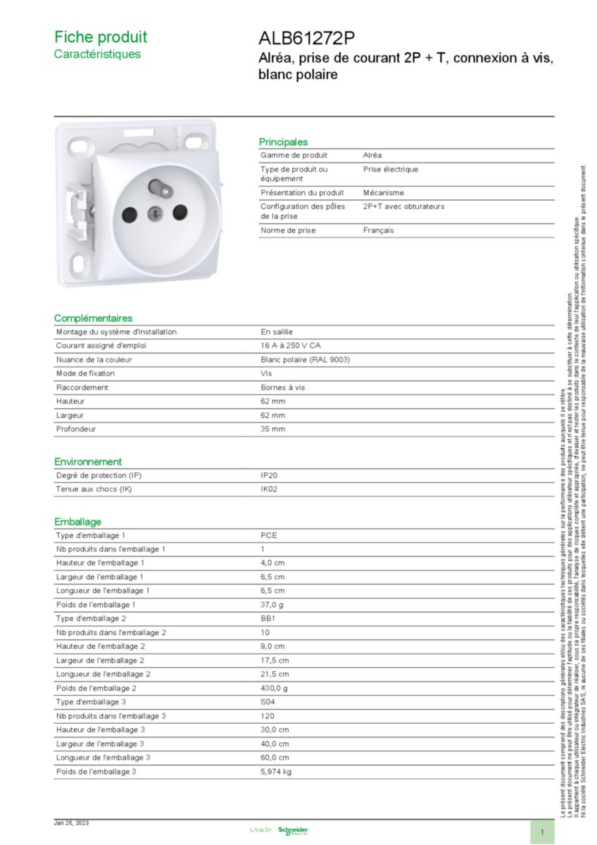 SCHNEIDER ELECTRIC Alréa Prise de courant 2P T blanc polaire